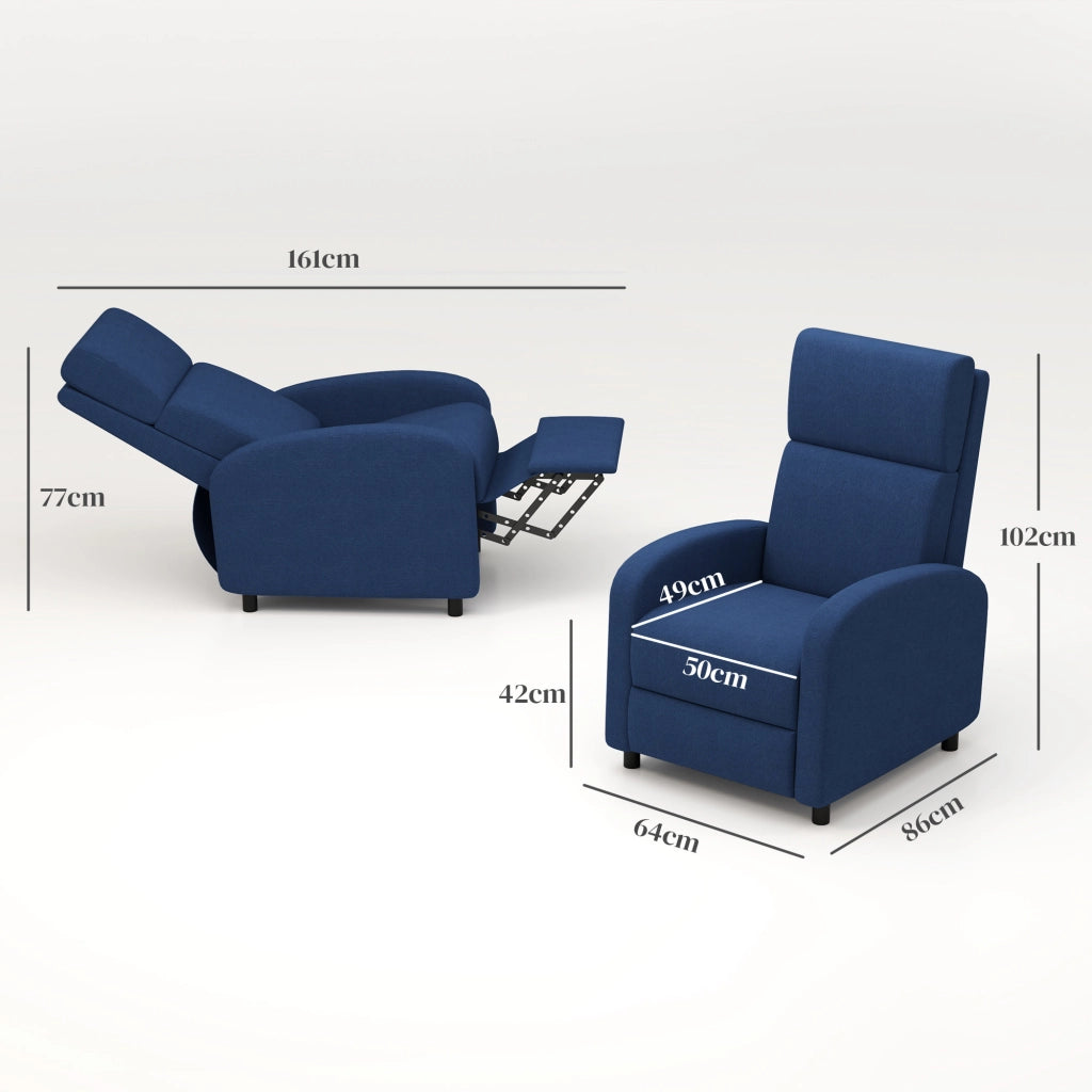 Poltrona Relax Reclinabile con Poggiapiedi in Tessuto Blu ¨C Zephmum ¨C 160¡ã Manuale