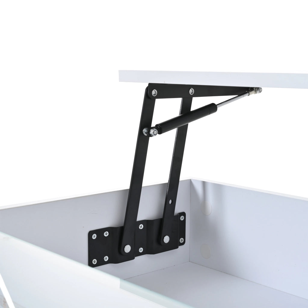 Tavolino da caffè 80x80x45 cm; sollevabile con LED e 2 cassetti; pannello truciolare e vetro temperato bianco