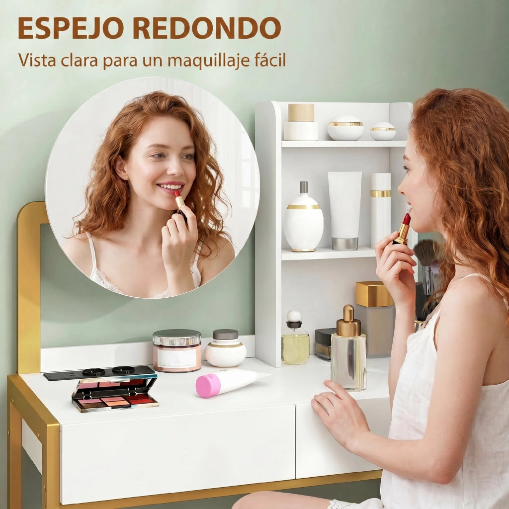 Cassettiera Trucco con Specchio e Sgabello ¨C Zephmum ¨C Bianco 40x35x150 cm