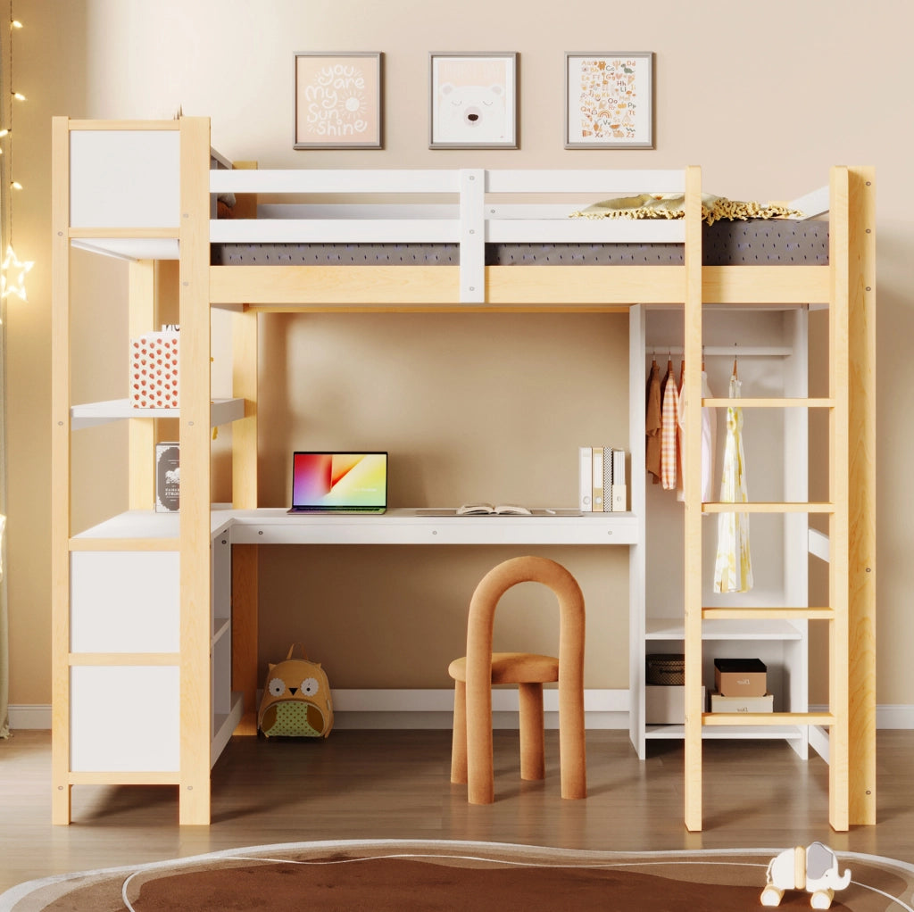 Letto a soppalco 140x200 cm con scrivania e armadio