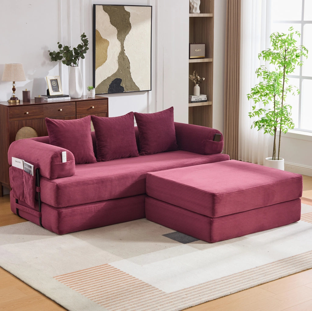 Divano modulare con pouf in velluto a coste; struttura in metallo e tasca laterale; rosso vino
