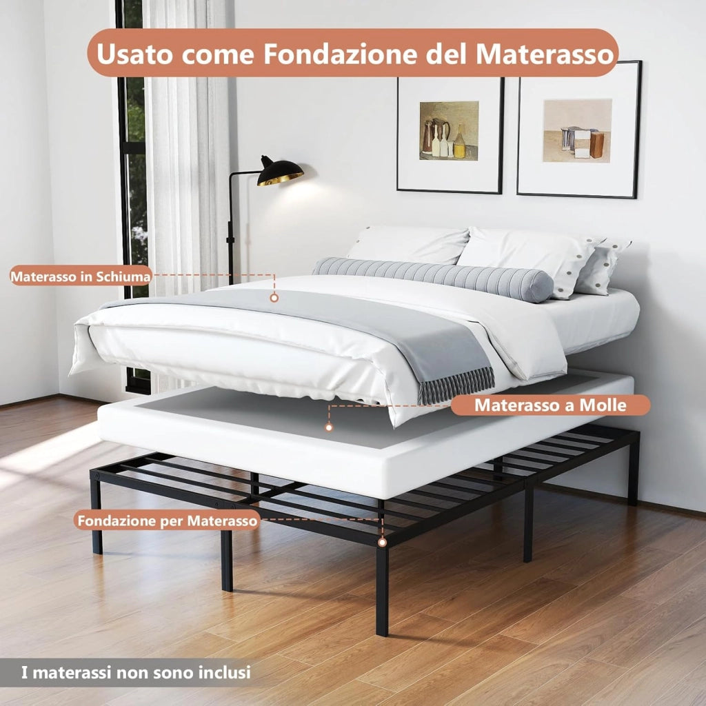 COSTWAY Struttura Letto Matrimoniale in Ferro 160 x 200 cm, Telaio Letto con 9 Piedini Anriscivolo, Supporto di Doghe Resistenti Capacità di 300 kg, con Spazio Sotto il Letto