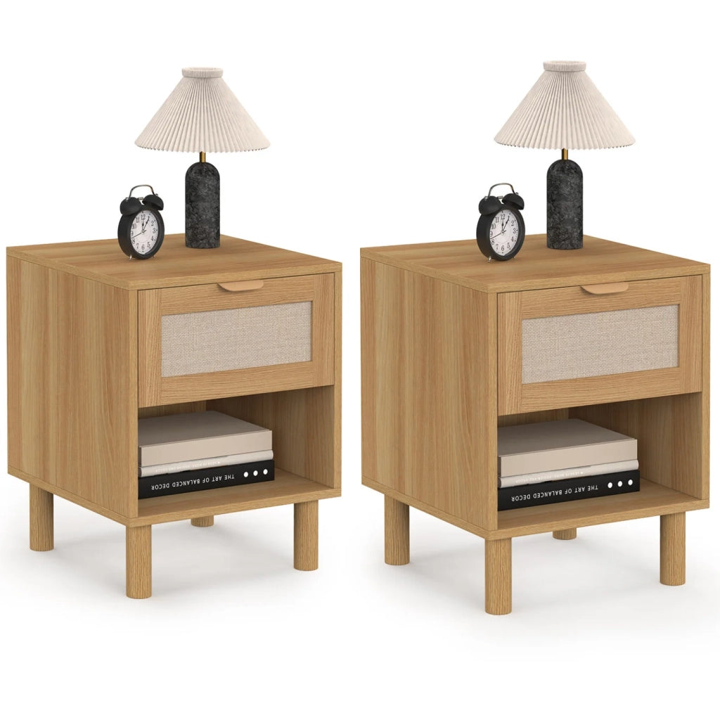IDMarket - Set di 2 comodini a 1 cassetto ROBIN con nicchia in legno e tessuto effetto lino