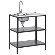 Mobile da giardino in acciaio con lavello a leva  con ripiani in acciaio inox nero 80x50x92 cm 2 ripiani con top Cucina da giardino da pranzo