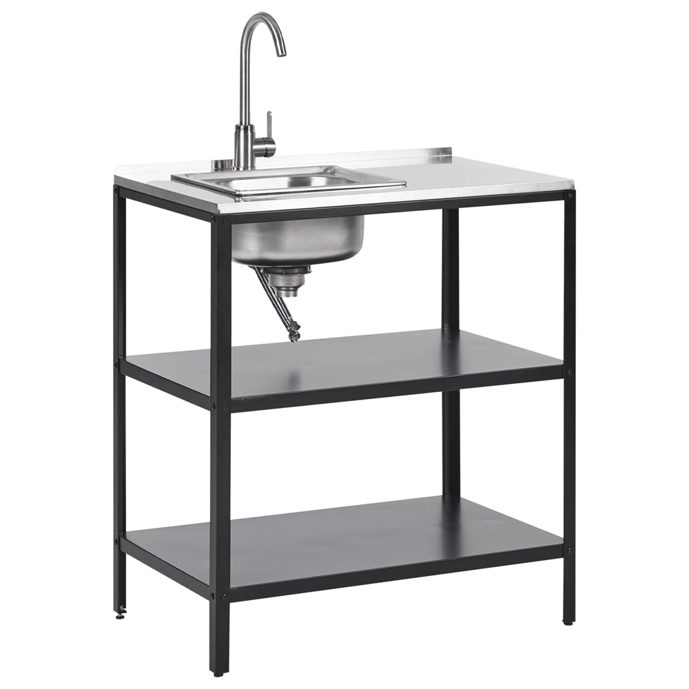 Mobile da giardino in acciaio con lavello a leva  con ripiani in acciaio inox nero 80x50x92 cm 2 ripiani con top Cucina da giardino da pranzo