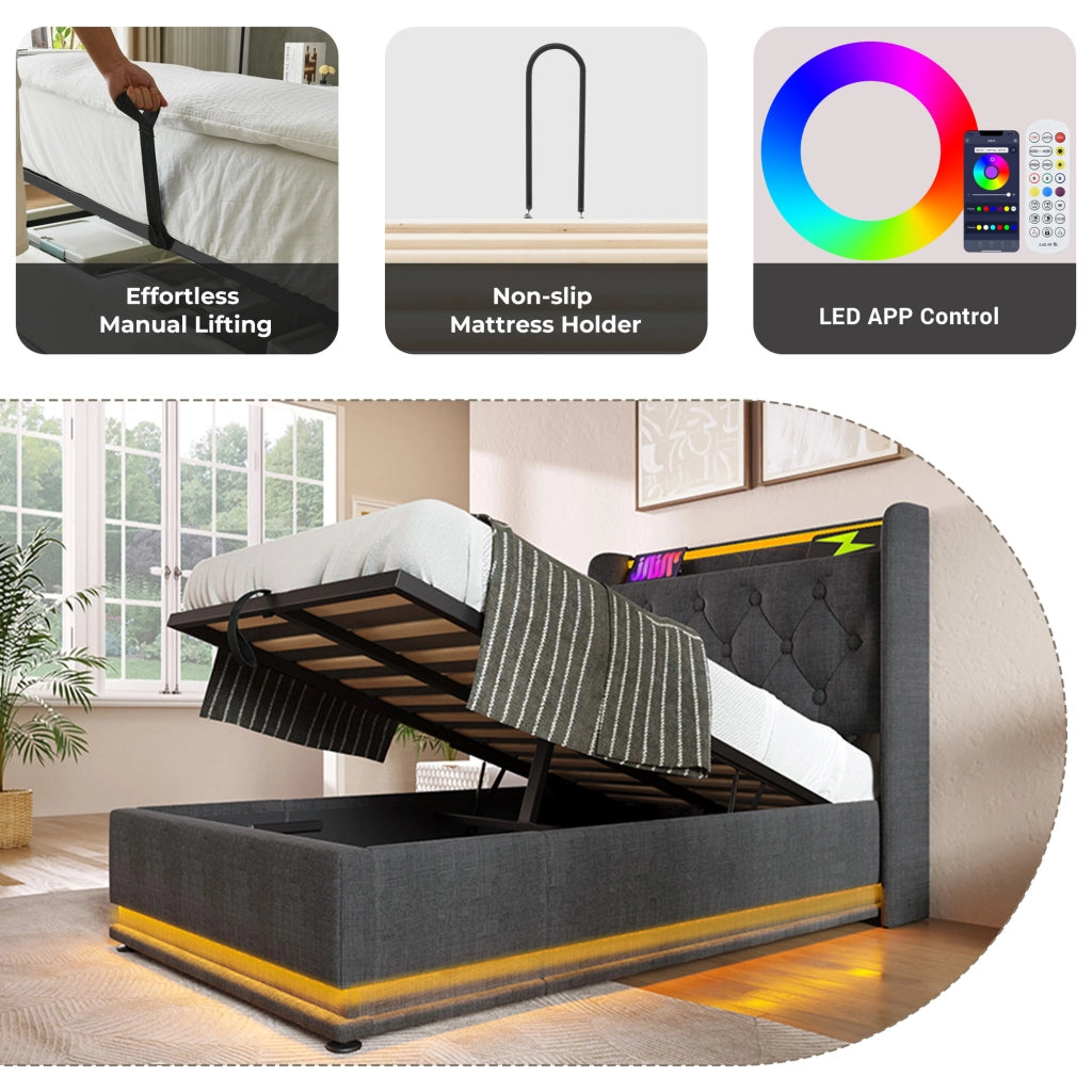 DESMIU Letto Imbottito 90 × 200 cm 1 piazza con LED, USB e Type-C, testiera trapuntata, senza materasso, in lino, grigio