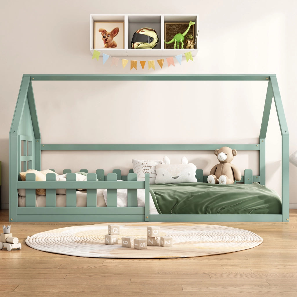 Letto per bambini 90x200 cm; a casetta; pino e MDF; verde