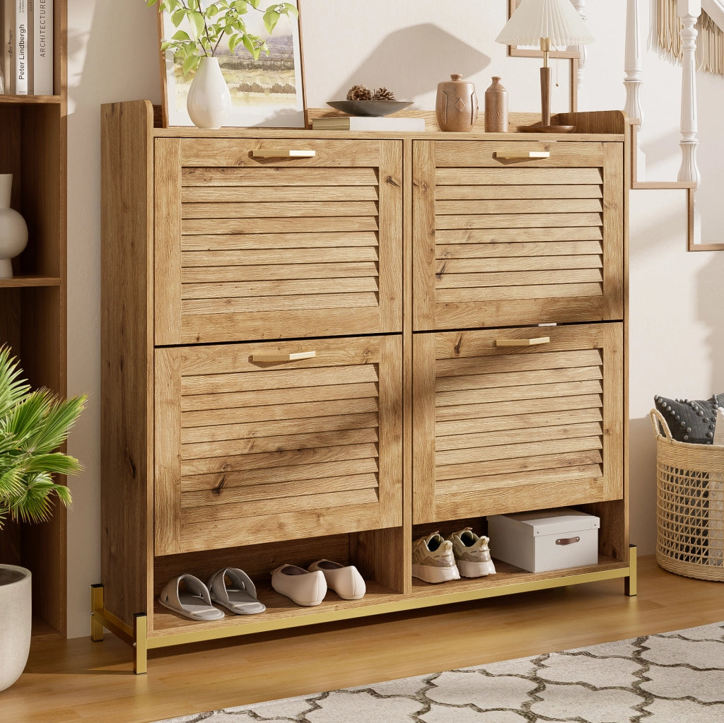 Scarpiera salvaspazio con 4 ante; 108;5 x 24 x 100 cm; in MDF effetto legno con base in metallo