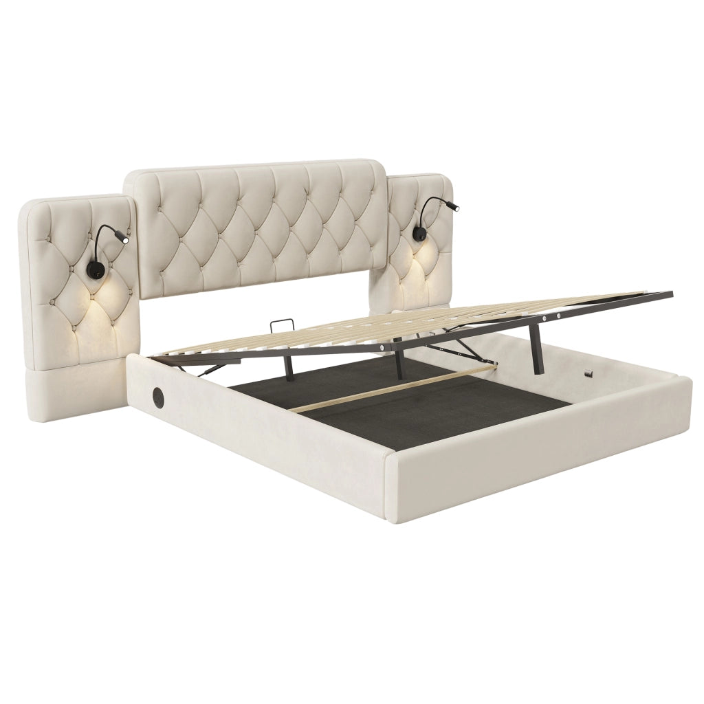 Telaio del letto imbottito 180x200cm con testiera lunga e lampada da scrivania in beige