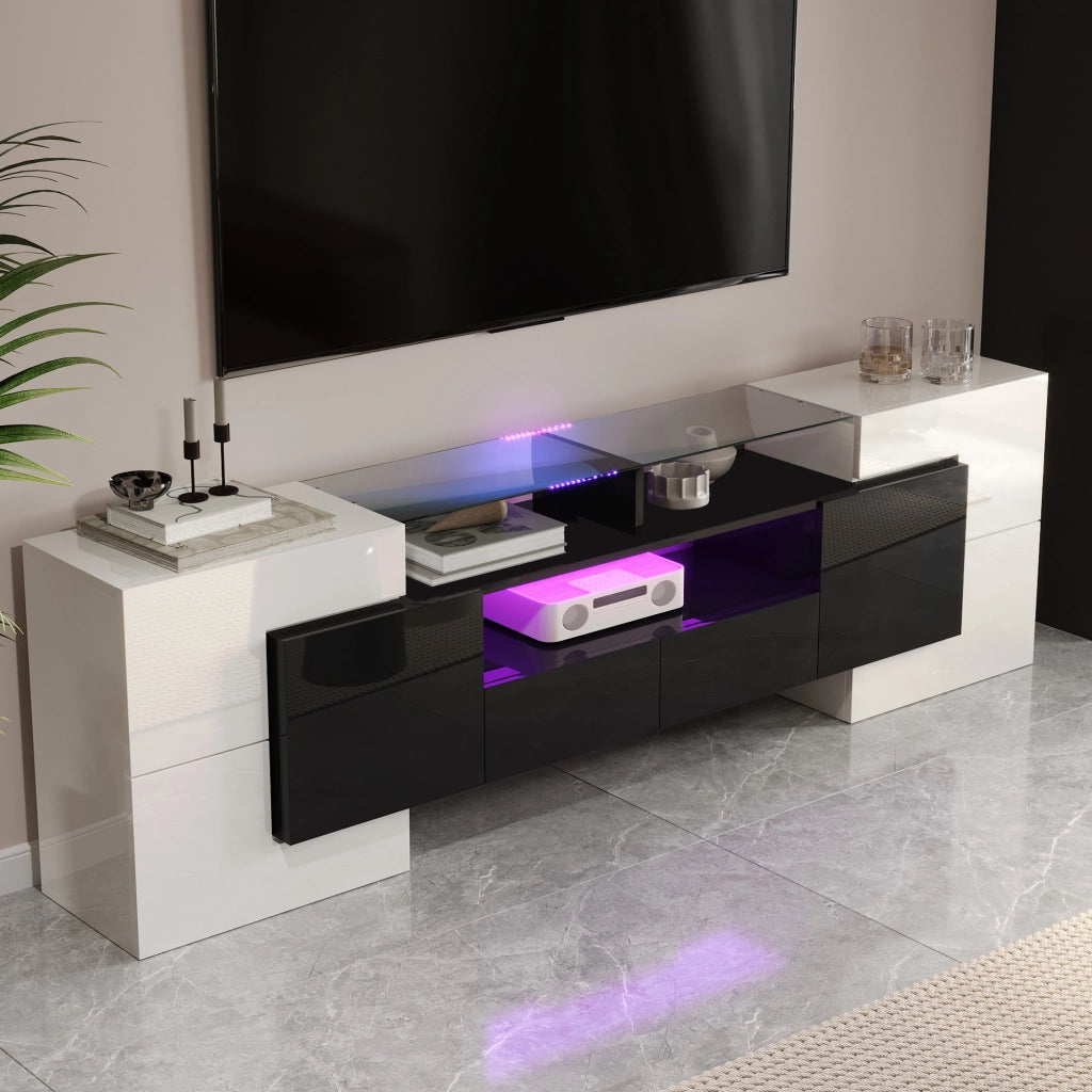 Mobile TV con 6 Ante; 2 Cassetti e LED; Bianco e Nero Lucido; 200¡Á35¡Á60 cm; in Pannello Truciolare