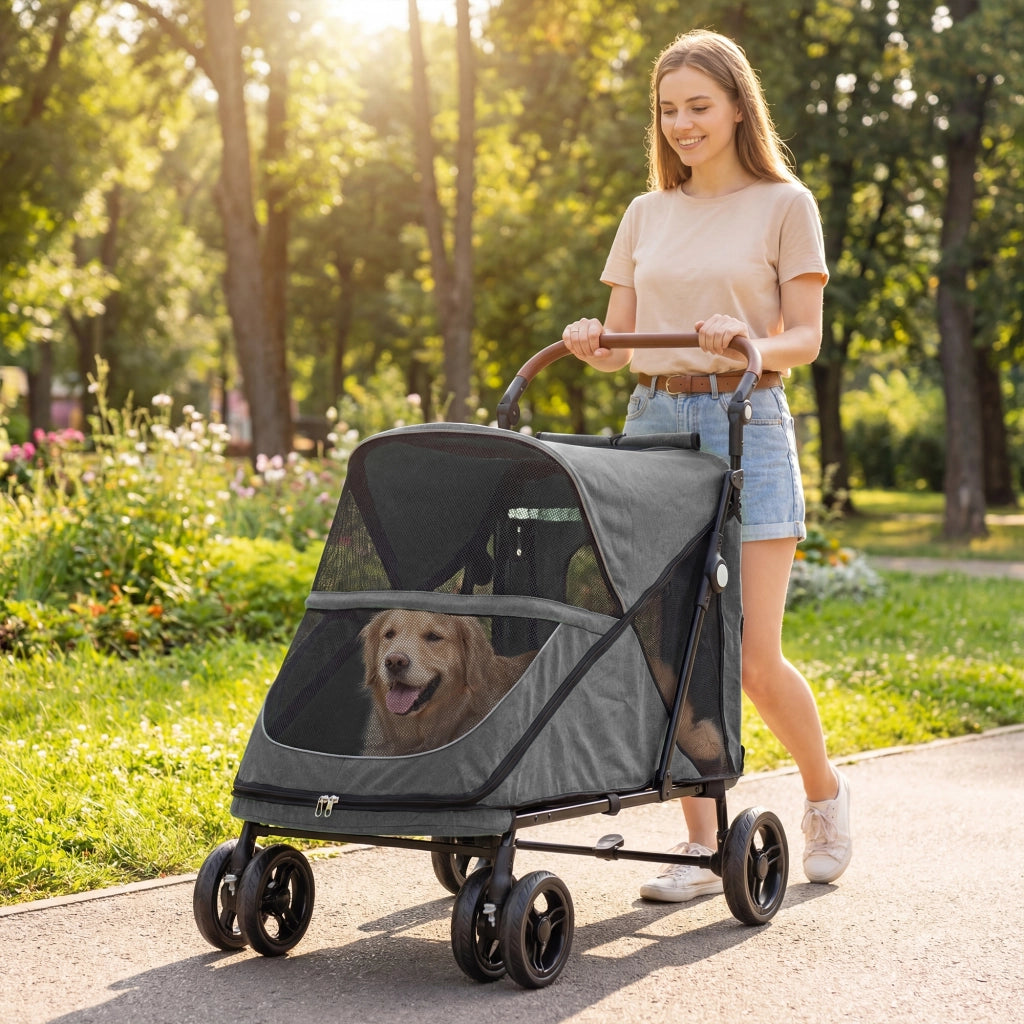 Carrello per Cani Pieghevole per Cani Grandi ¨C zephmum ¨C Grigio 360¡ã Ruote Girevoli