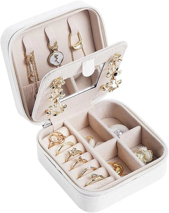 Portatile - Organizzatore di Gioielli - 10 x 10 x 5 cm - Pelle PU - Pareti divisorie regolabili - Tessuto morbido - Organizzatore di Gioielli portatile