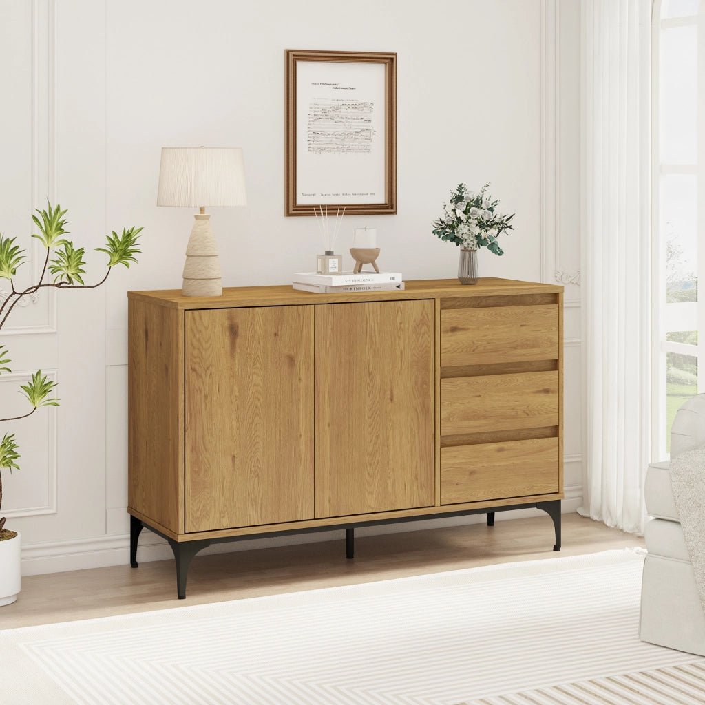 Credenza Bassa Kistiandi a 2 Ante e 3 Cassetti 77 x 120 x 40 cm - Effetto Rovere Scuro [en.casa]