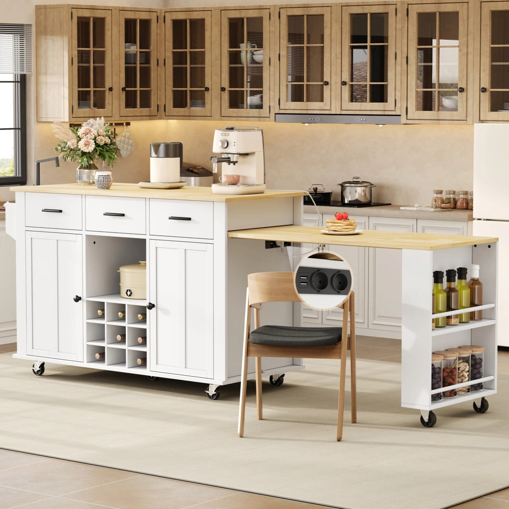 Isola cucina mobile con piano estensibile, prese USB e 7 ruote