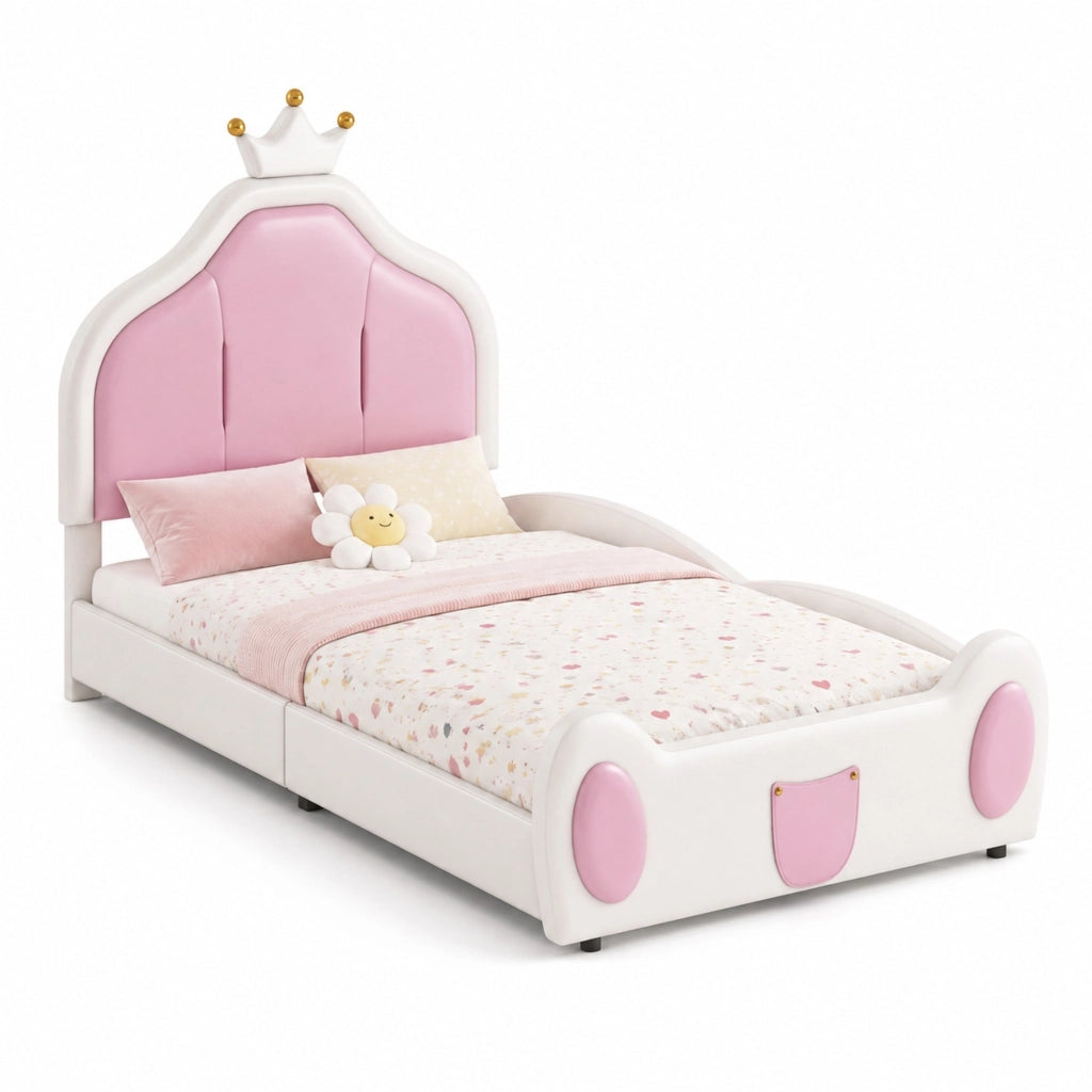 Letto per bambini imbottito 90x200 cm con testiera a corona; bianco e rosa in similpelle