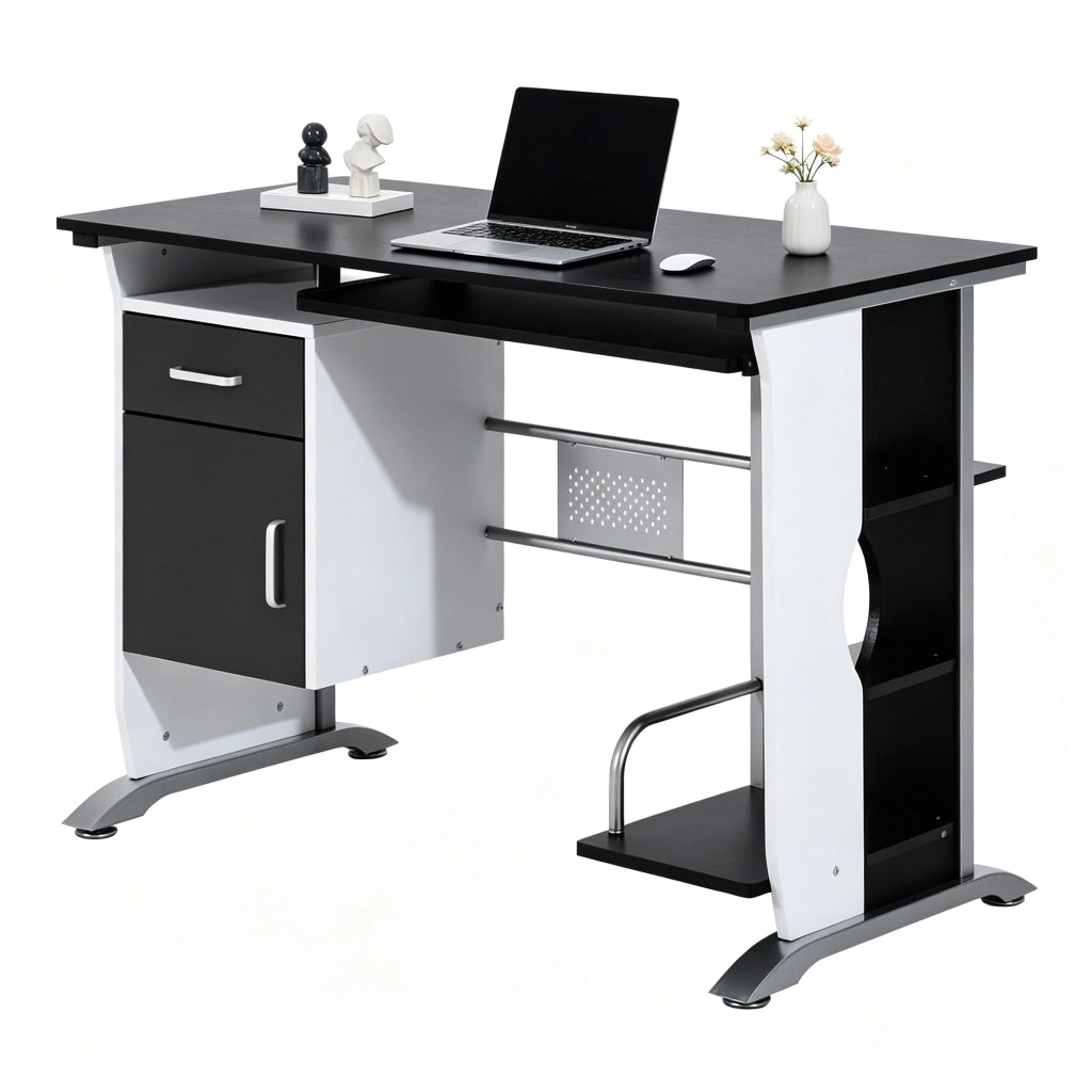 Scrivania con cassetto e vano PC per studio in MDF e metallo 100×52×75 cm nera