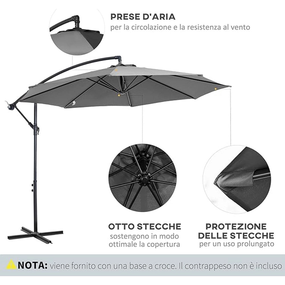 Trade Shop - Ombrellone Decentrato Inclinabile 3mt Con Base A Croce Manovella Da Esterno Giardino - Grigio