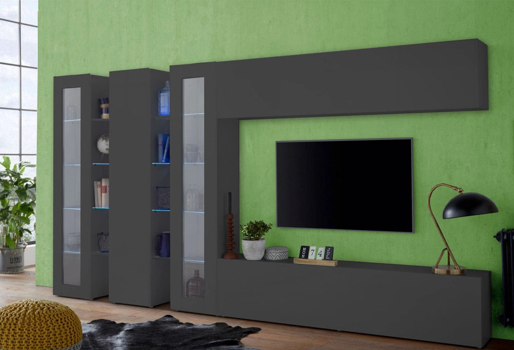 Parete Attrezzata Soggiorno 340x30x180 cm Maruska n°6 Grigio Antracite Opaco