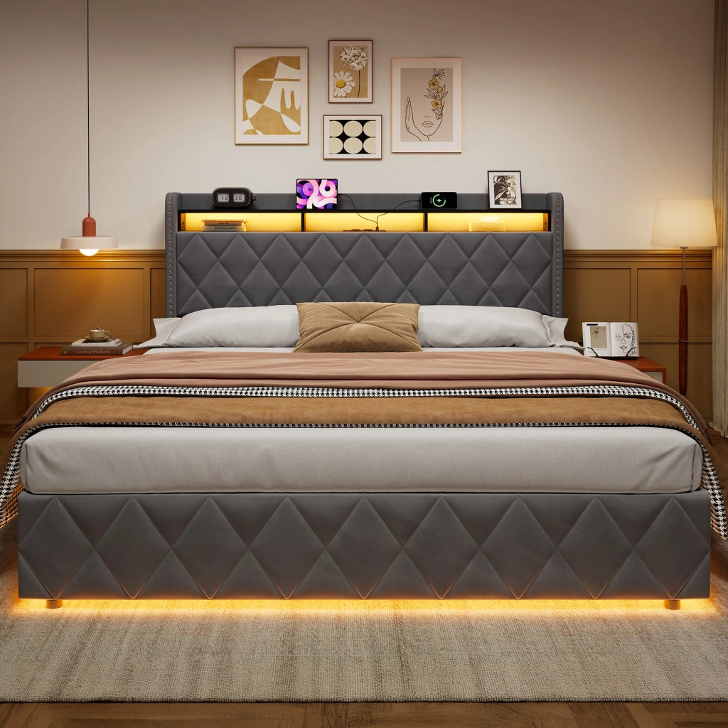Letto Imbottito 180x200 cm con Contenitore, LED e USB, Grigio Scuro