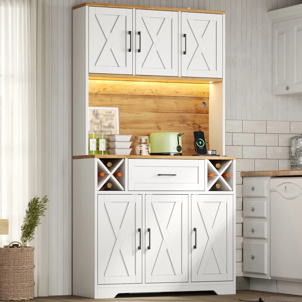 Credenza da cucina alta con LED RGB, prese USB e AC, mobile dispensa con portasigari vino, 105×40×180 cm