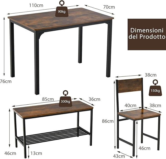 Set Tavolo e Sedie da Cucina 4 Pezzi, Tavolo da Pranzo con 2 Sedie e 1 Panca, Set Mobili da Cucina Salvaspazio con 4 Posti, per Cucina, Sala da Pranzo, Soggiorno (Caffè)