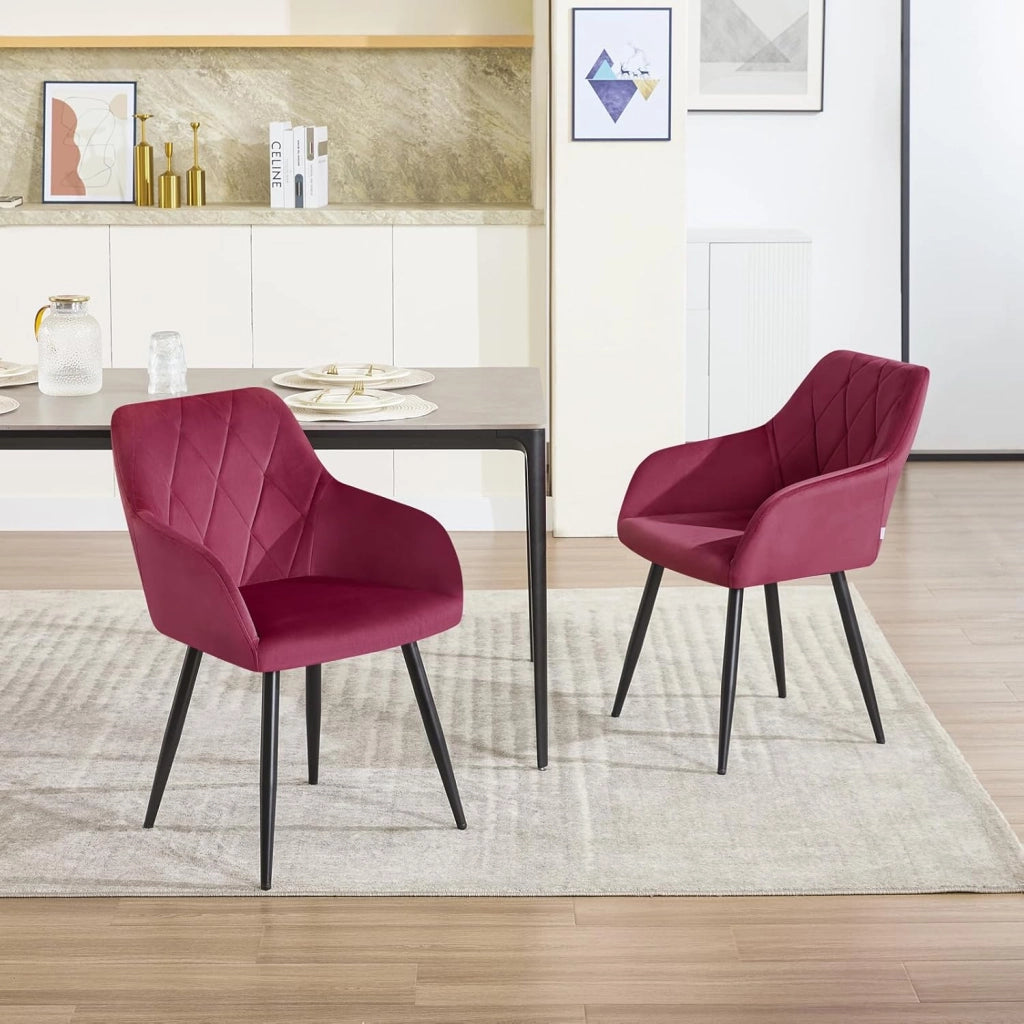 Set di 4 Sedie per Sala da Pranzo Imbottita, Poltroncina in Velluto,Sedia da Cucina con Braccioli e Schienale, Gambe in Metallo, Bordeaux, BH352bd-4