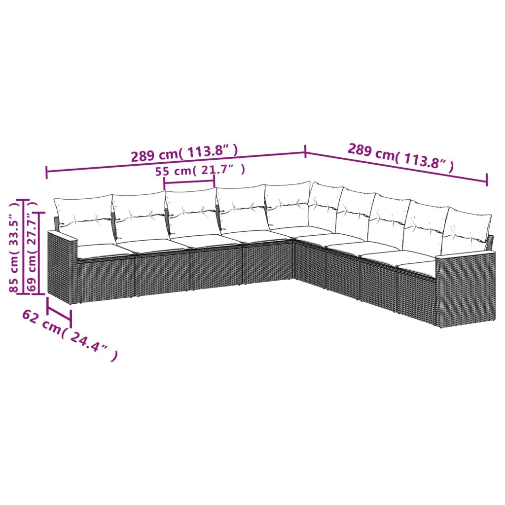 Set Divano da Giardino 9 pz con Cuscini Grigio in Polyrattan