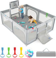 Box Bambini 190 x 160 cm, Recinto Pieghevole Bambini con Canestro da Basket, 2 Porte da Calcio, 50 Palline e 4 Anelli, Centro Attività con Borsa Trasporto per Neonati 0-3 Anni