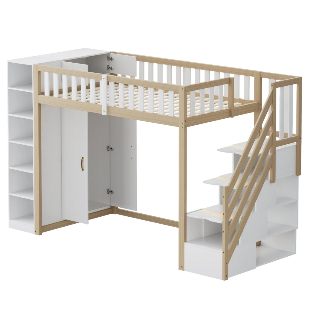 Letto a soppalco ULEVR 90x200 cm con armadio, scaffali e scala con cassetti, bianco e legno naturale