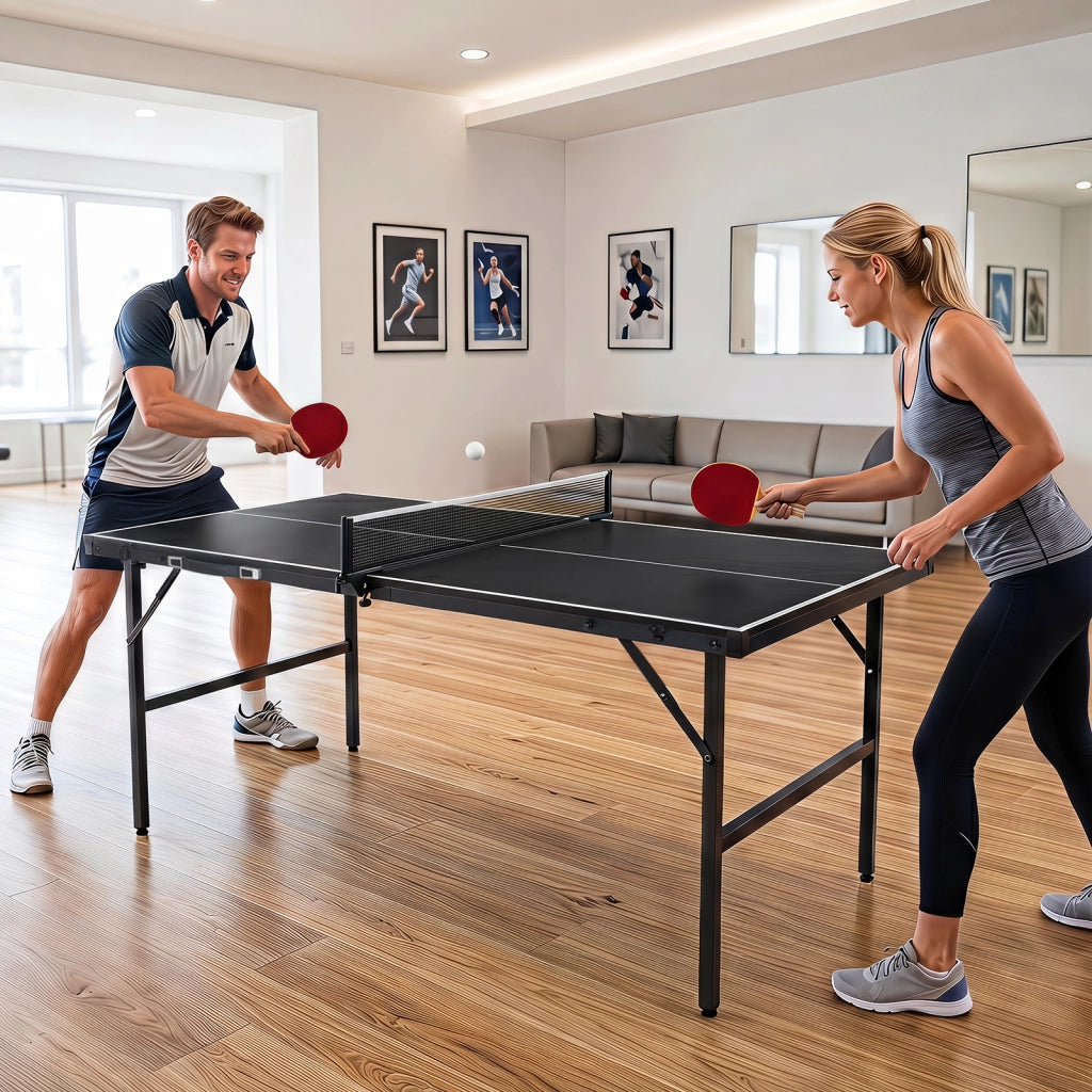 Tavolo da ping pong pieghevole 152,5x76 cm rete 2 racchette palline, Tavolo tennis portatile preassemblato salvaspazio Nero e bianco