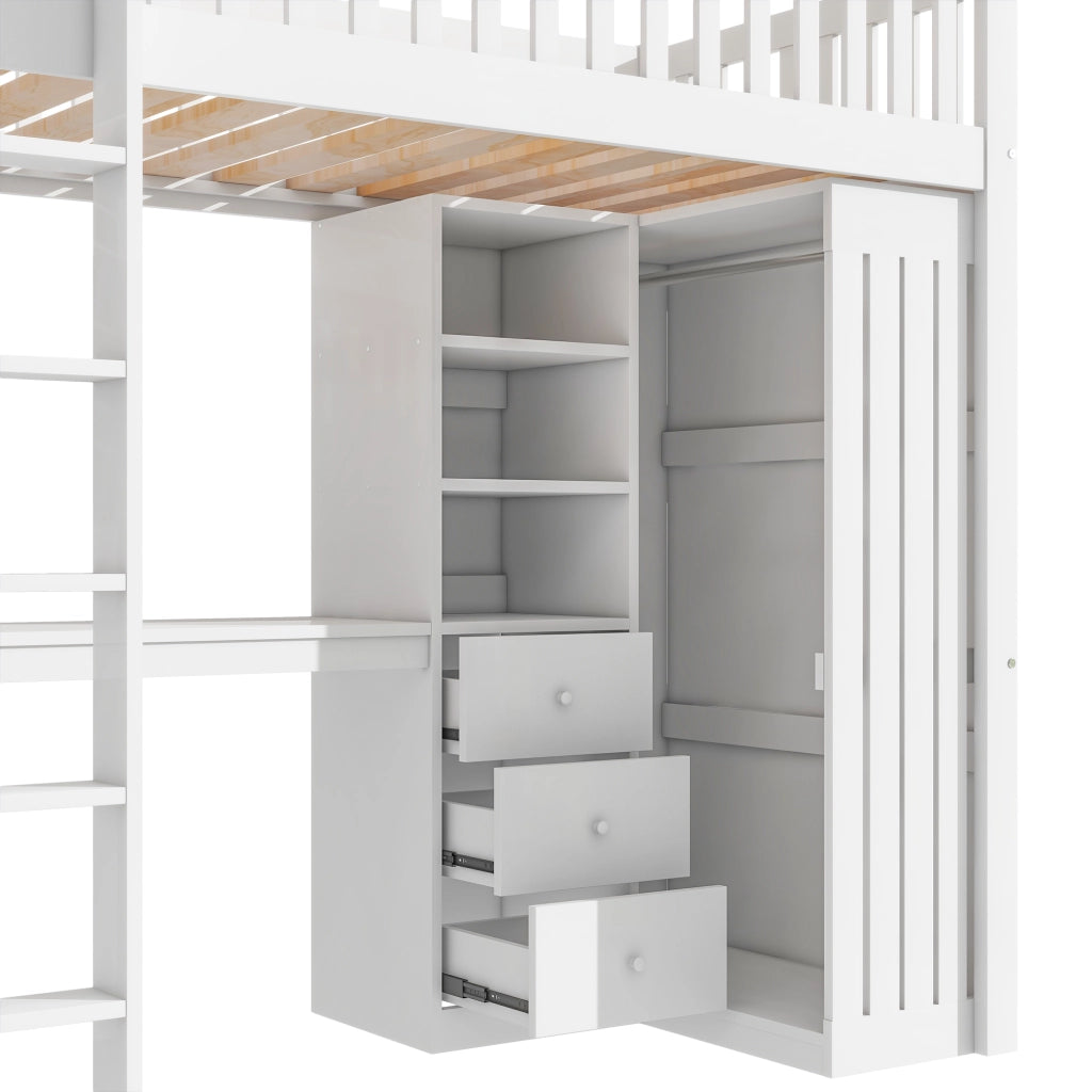 DESMIU Letto a soppalco 90 × 200 cm singolo con scrivania, armadio, 3 cassetti e scala, senza materasso, bianco