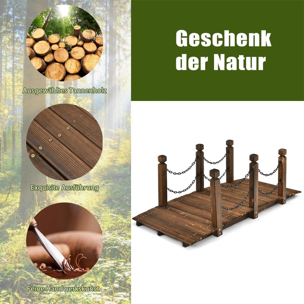 Ponte da Giardino in Legno di Abete Carbonizzato con Ringhiere di Catene, Ponticello Robusto Portata 180 kg, 150 x 67 x 55 cm, Marrone