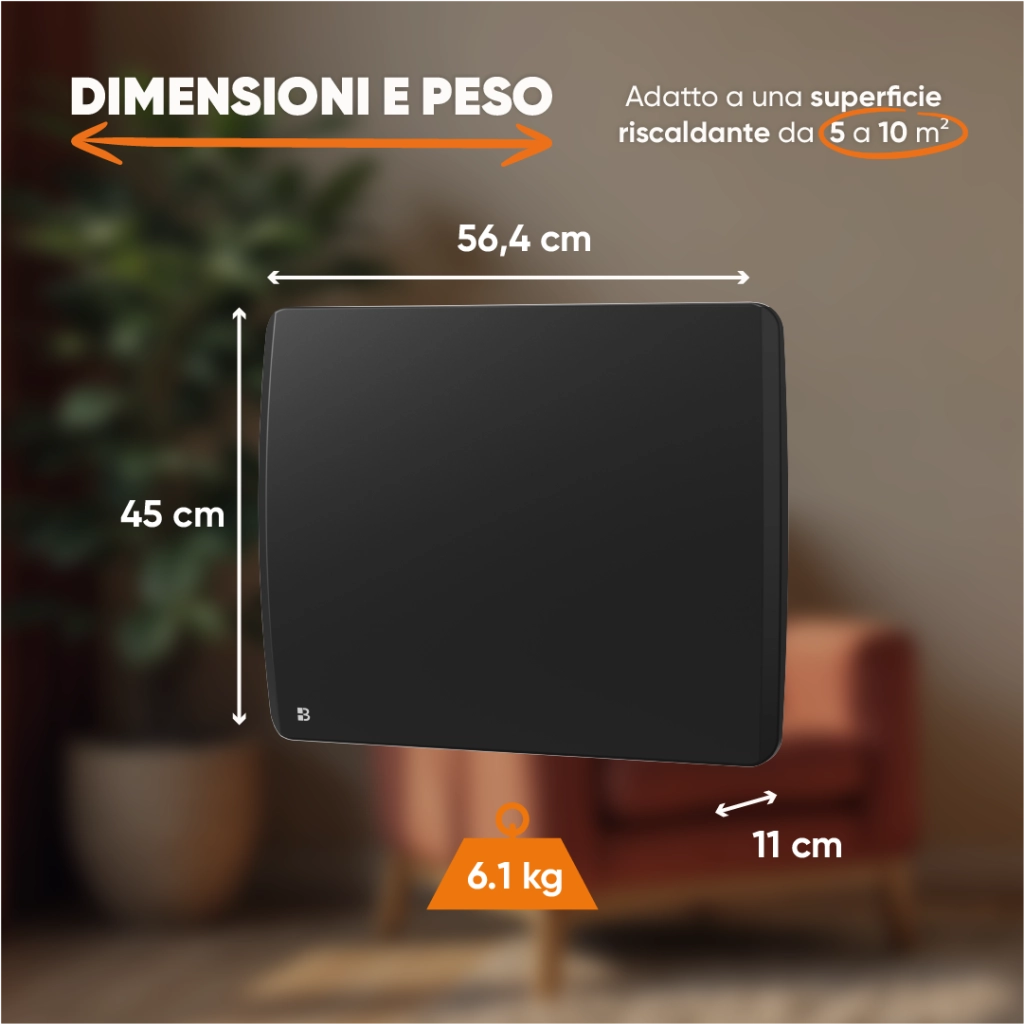 Radiatore elettrico fisso ad inerzia ceramica a secco 1000W ARIA orizzontale nero