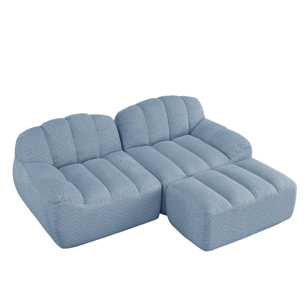 Divano modulare 210x165x79 cm senza struttura con pouf; fleece granulato blu