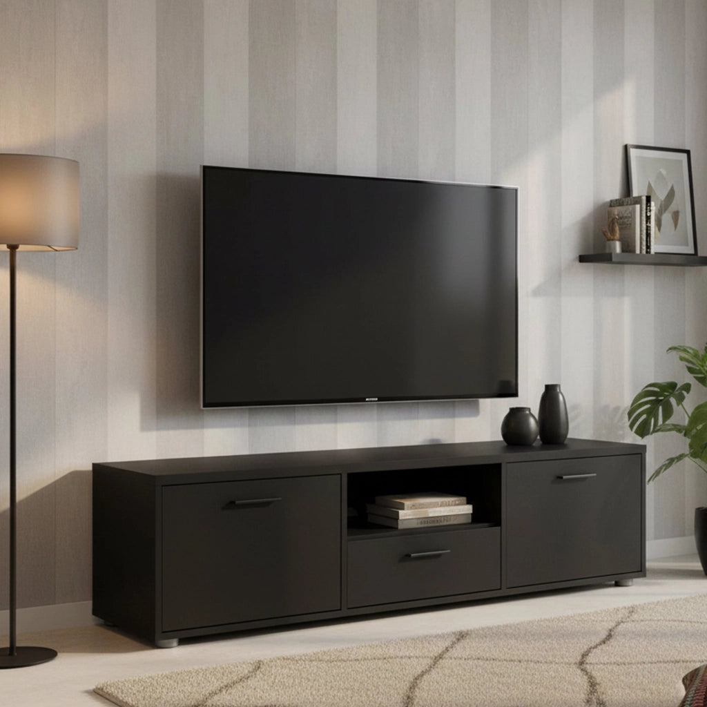 Mobile porta TV Charo, Credenza da soggiorno, Armadio basso per TV, Base parete attrezzata, 147x40 h38 cm, Nero