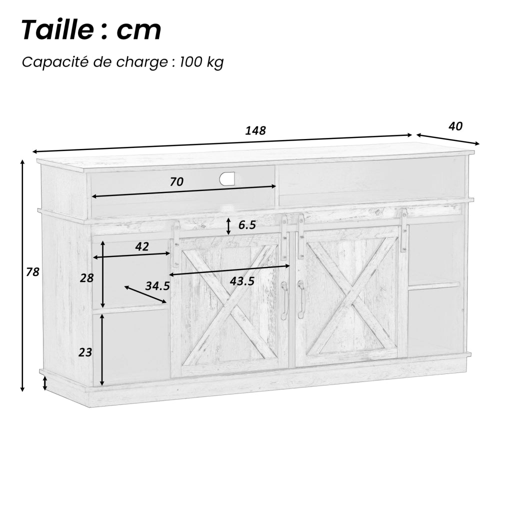 Mobile TV con 2 Ante Scorrevoli; 4 Vani e 2 Ripiani Regolabili per Soggiorno in Legno 148 × 40 × 78 cm