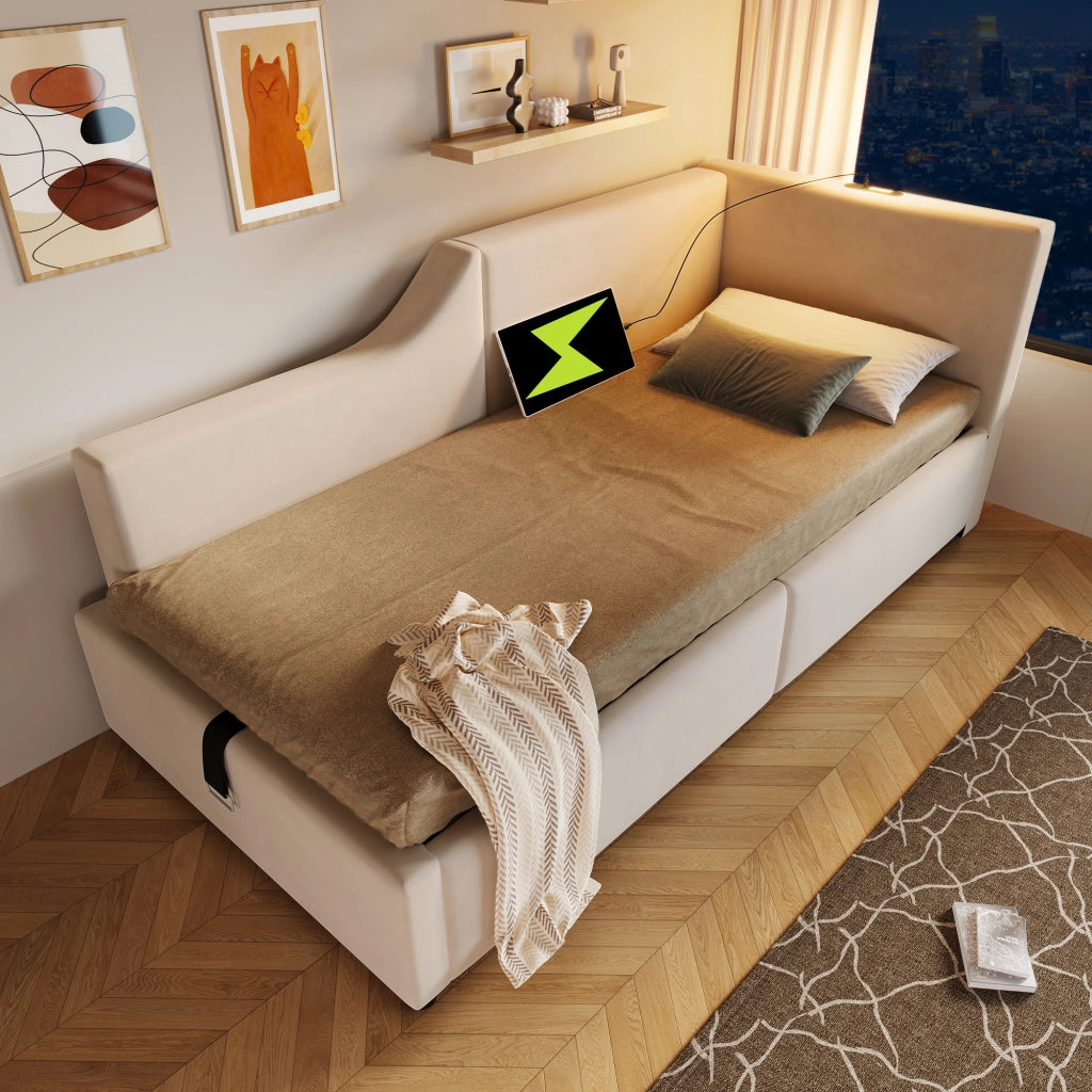 LETTO Daybed 90x200 cm in velluto beige con stoccaggio idraulico, lampada e USB-C