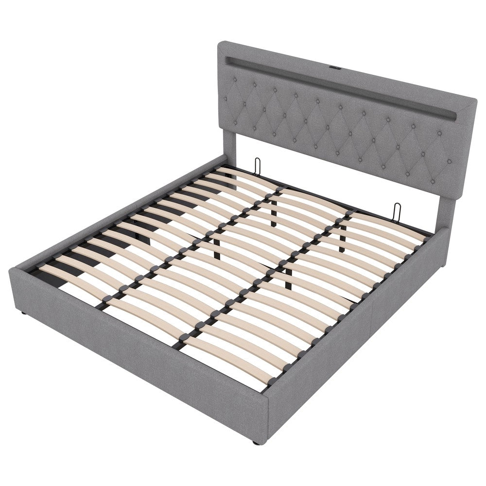 Letto contenitore imbottito ¨C Minimal ¨C Grigio 180x200cm con LED idraulico e porta USB