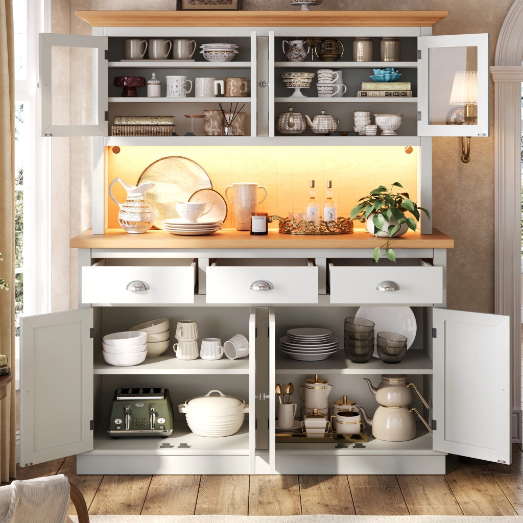 Credenza alta vetrina con anta in vetro; ripiani regolabili; LED RGB e antiribaltamento per sala da pranzo; 140 × 40 × 180 cm