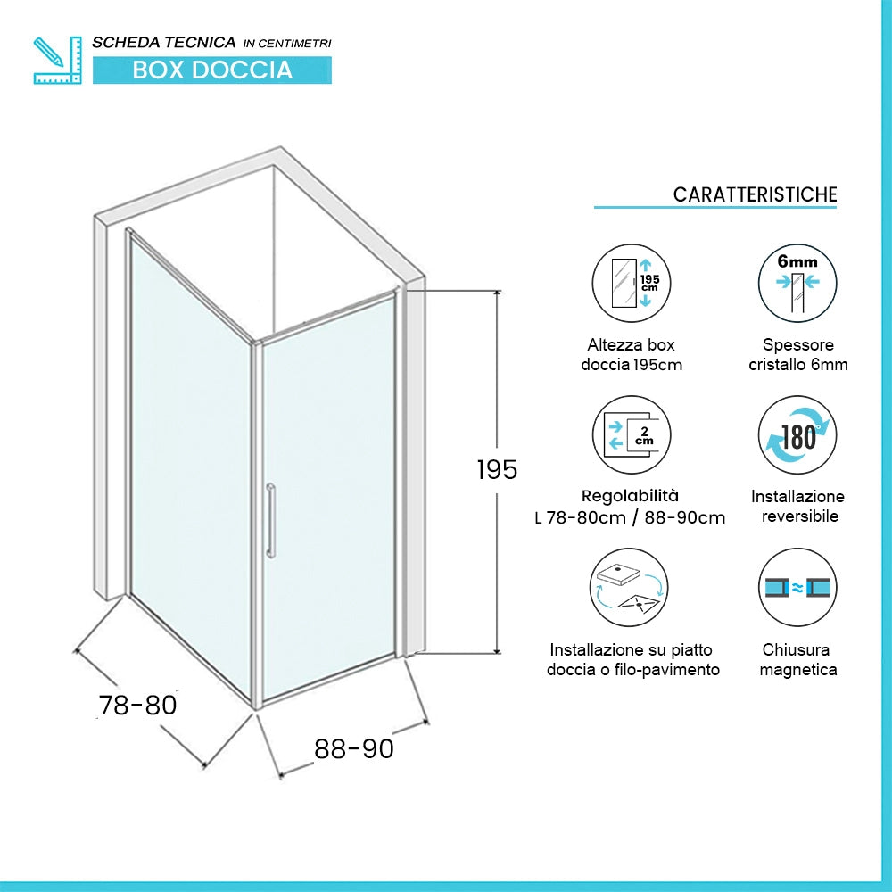 Box doccia angolare 80x90 in vetro temperato trasparente battente con profili nero opaco Neos
