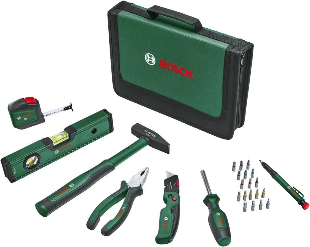 Bosch Set universale di utensili manuali 25 pz. (versatile kit per usi fai-da-te in ambito domestico; coltello ripiegabile; pinze combinate; metro a nastro; livella a bolla; e altro) - Amazon Edition