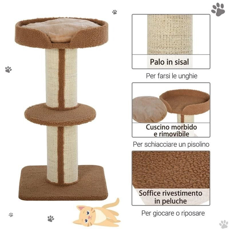 TIRAGRAFFI AD ALBERO PER GATTI CON CUCCIA, CUSCINO, RIVESTIMENTO PELUCHE E PALI IN CORDA SISAL - MARRONE