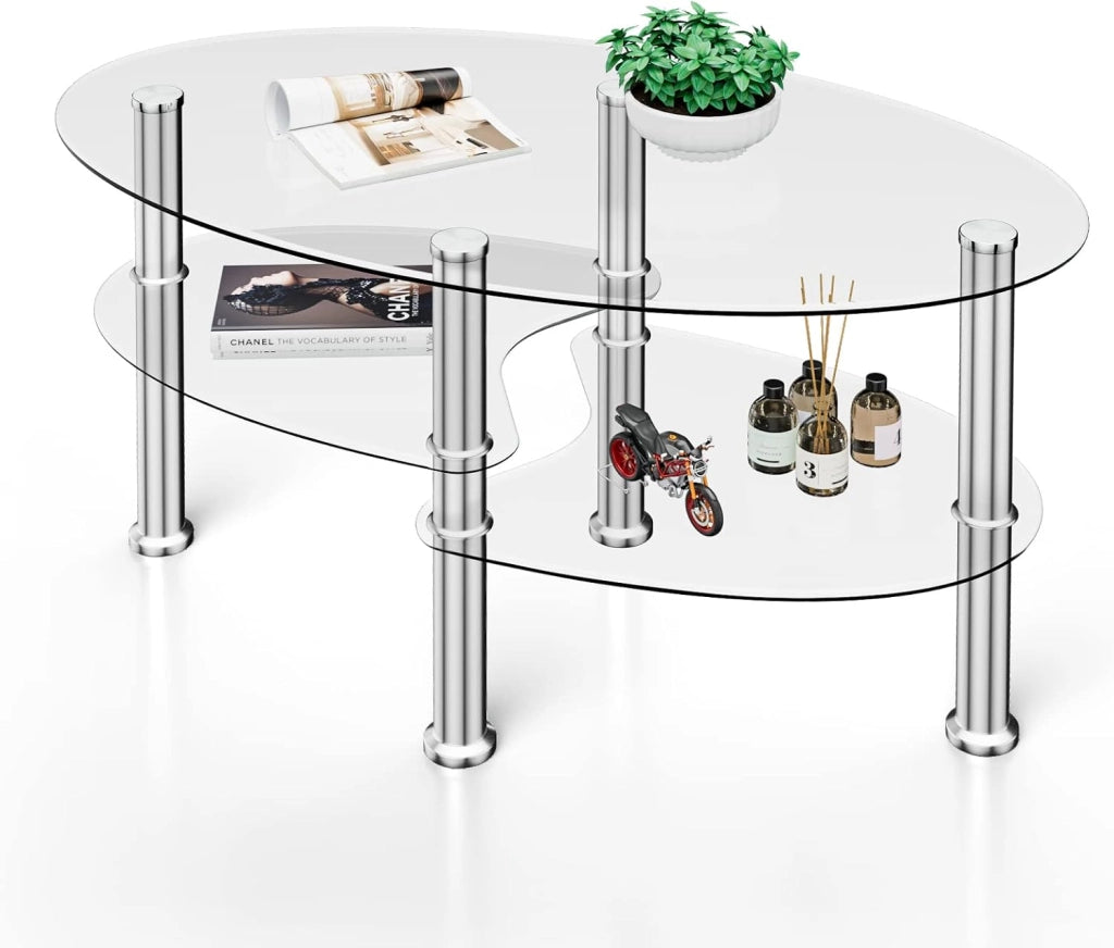Tavolino da Divano, a 3 Ripiani in Vetro Temperato, Struttura in Metallo, Design Moderno, Trasparente, Ideale per Soggiorno e Ufficio, Portata di 50 kg, 90x50x45 cm (Bianco)