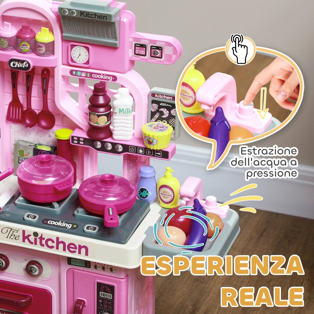 Cucina Giocattolo per Bambini da 33 Pezzi con Luci, Suoni e Rubinetto, in PP e ABS, 53x22x69 cm, Rosa