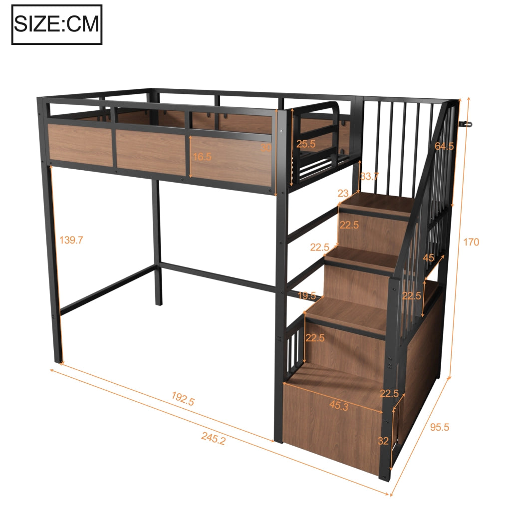 Letto a soppalco 90x200 cm con scala portaoggetti e LED in metallo e legno nero