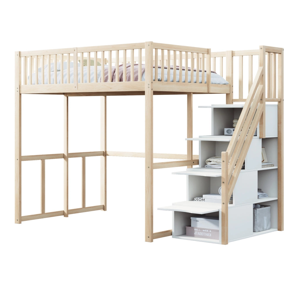 Letto a soppalco 140x200 cm in legno con scala contenitore
