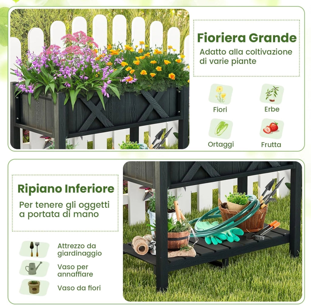 Fioriera Rialzata da Esterno, Letto da Giardino con Piano di Appoggio Impermeabile alle Intemperie e Fori di Drenaggio, Aiuola Rettangolare per Fiori, Erbe, Verdure e Frutta