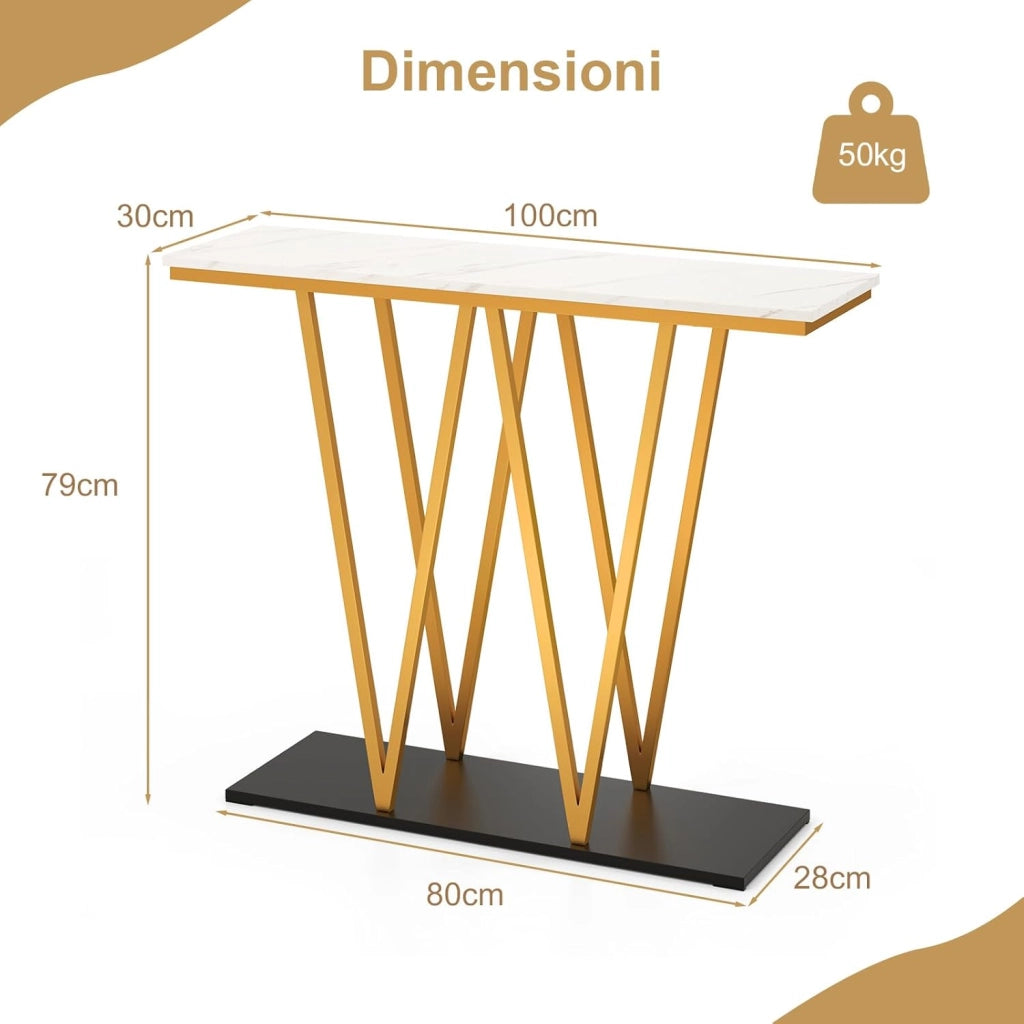 Tavolo Consolle, Tavolo da Ingresso Moderno con Piano in Marmo Finto e Struttura in Metallo e Base per Ripostiglio, Tavolino Stretto e Multiuso per Soggiorno, Ingresso e Corridoio