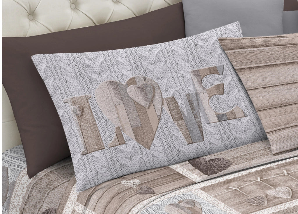Completo Lenzuola Linea Pensieri Delicati 100% Cotone Disegno Shabby Love - Piazza E Mezza - Beige