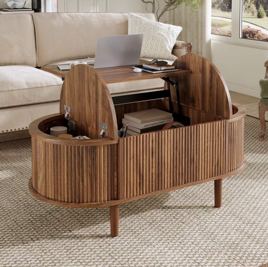 Tavolino da caffè 100x48x53.5 cm con piano sollevabile e contenitore in MDF noce
